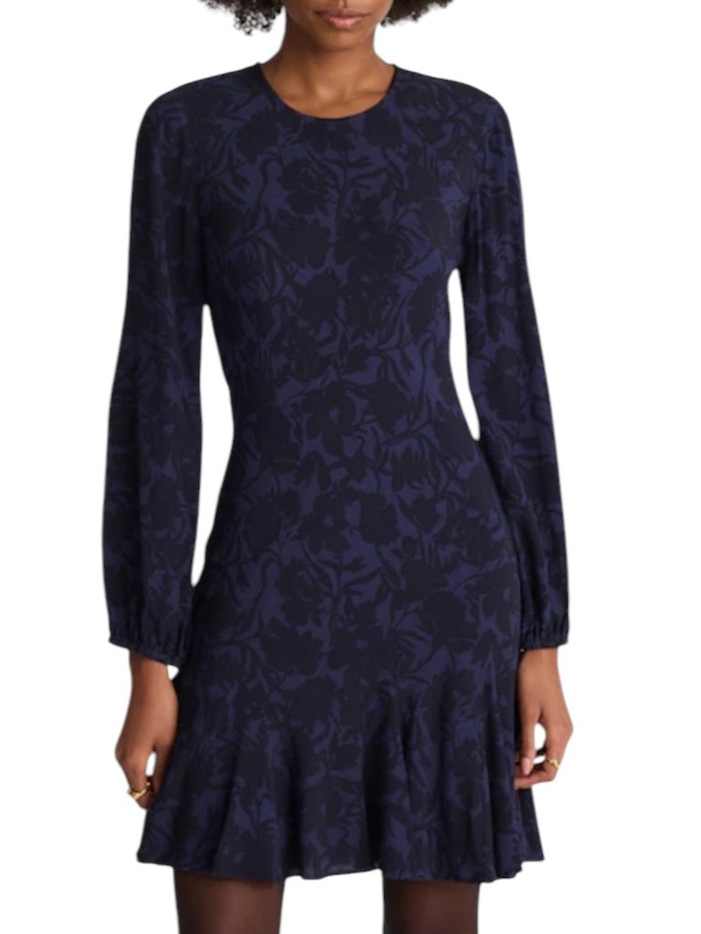 NEW MADEWELL Puff-Sleeve Bodycon Flared Ruffle Hem Dark Floral Mini Dress Size 2